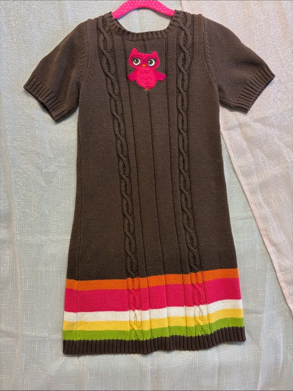 Gymboree Brown Knit Dress with Pink Owl and Multicolor Stripes